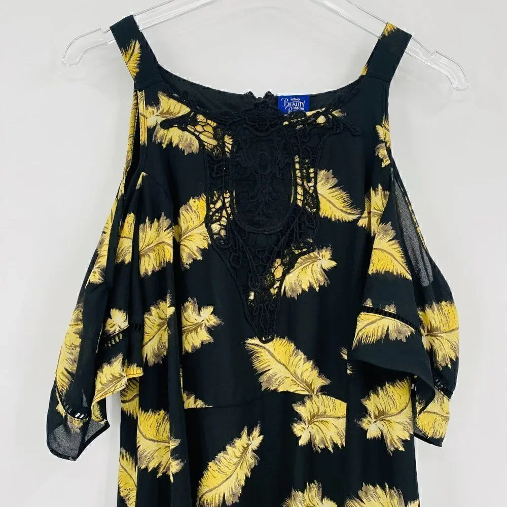 Disney Beauty and the Beast Large Black & Gold Feather Cold Shoulder Mini Dress - Picture 3 of 10